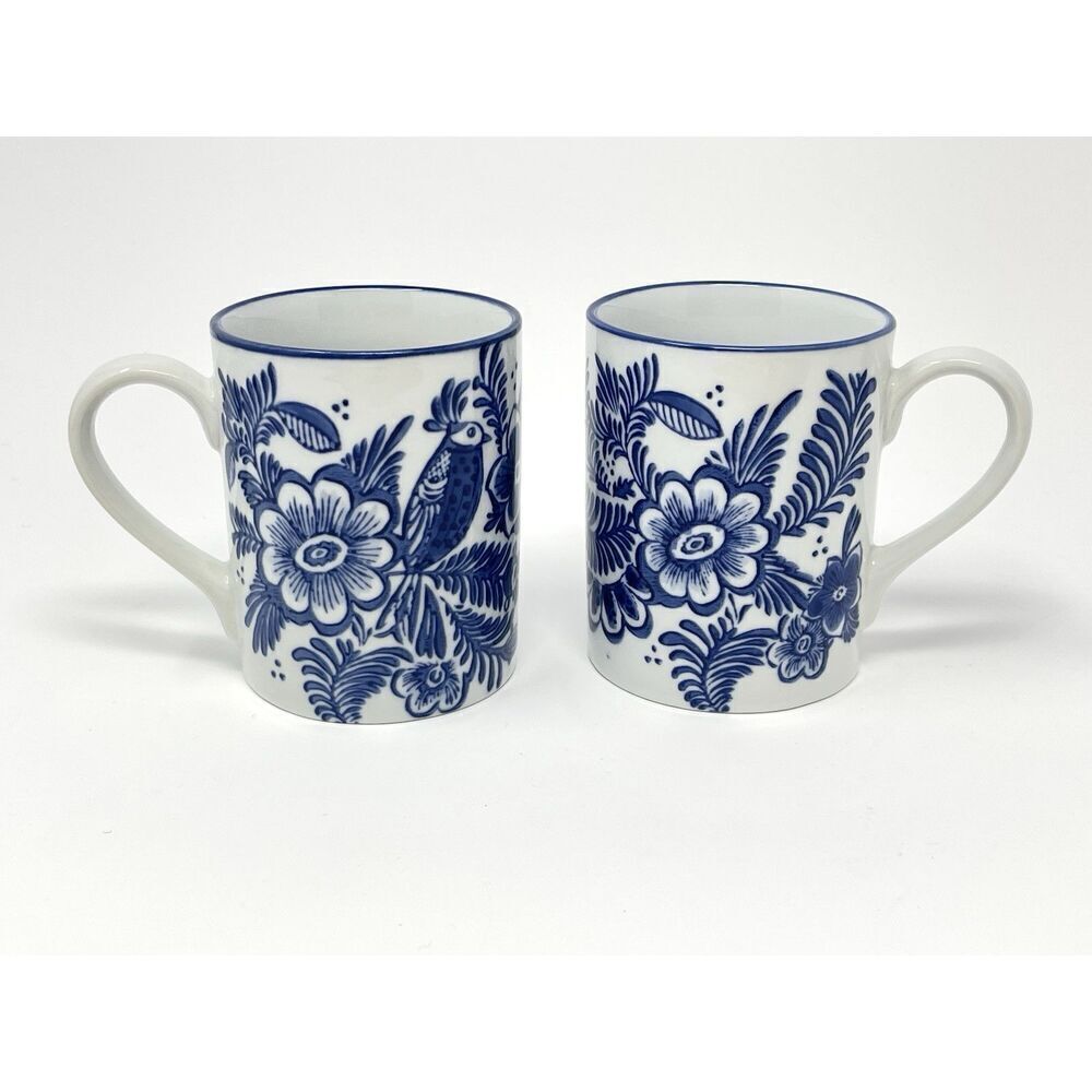 Pottery Barn Elsie Mugs Coffee Cup Blue White Bird Discontinued Rare Set Of 2